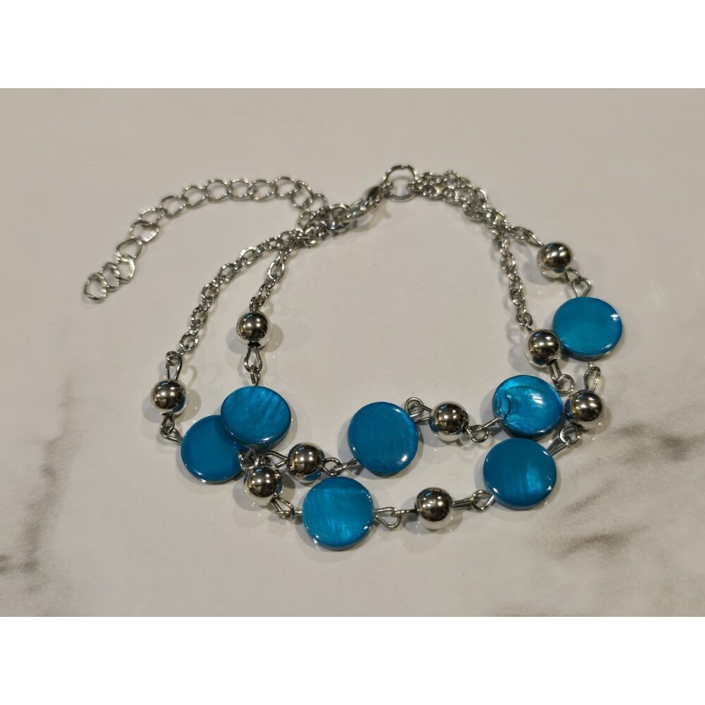 Blue Cat Eye Disc Bead Necklace Silver Tone Double Strand Adjustable #1106